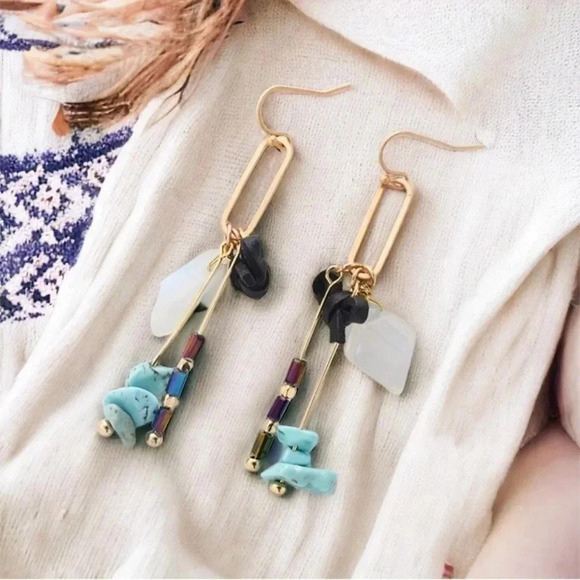 2 LEFT! Opal Dangle Earrings Turquoise Hematite Beads - Picture 2 of 10